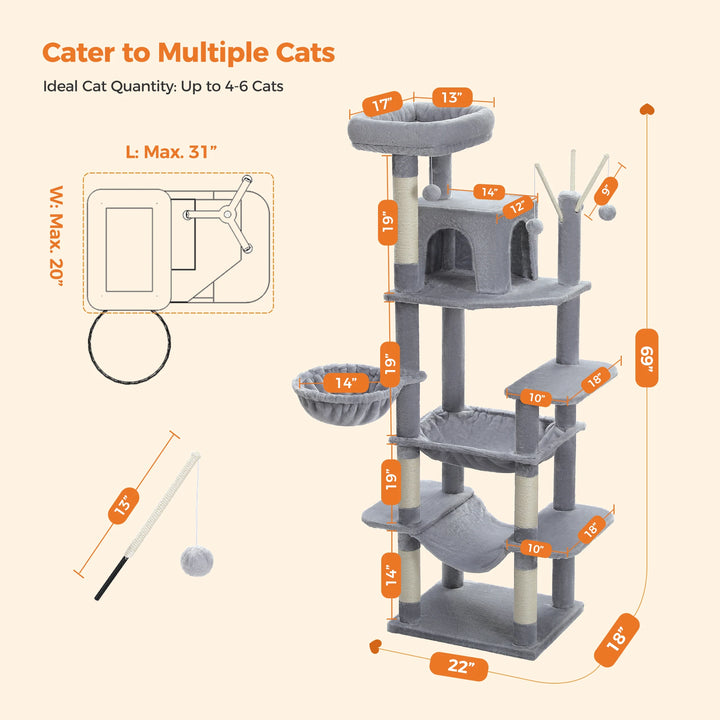 6-Level Cat Tower – Comfort for 4 to 6 Cats, Hammocks &amp; XL Condo