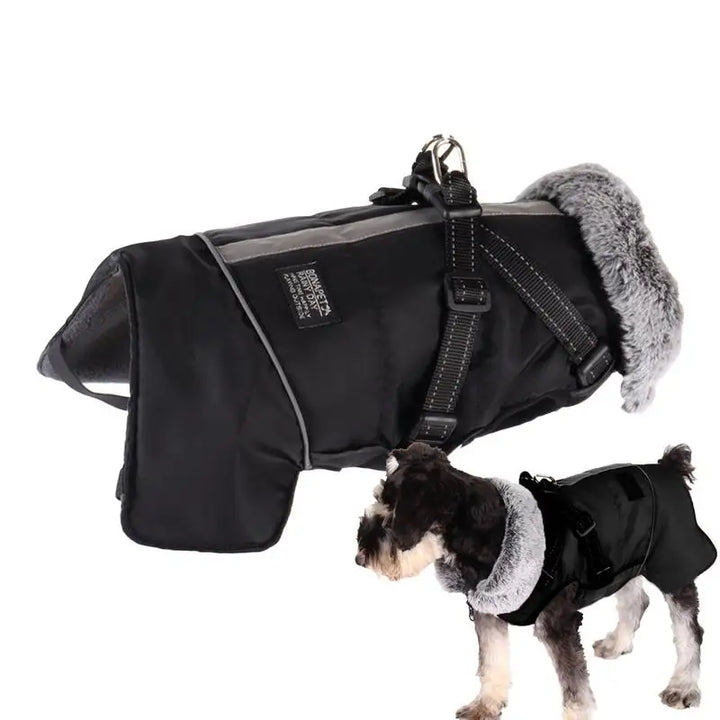 Triple-layer coat with integrated harness and warm collar